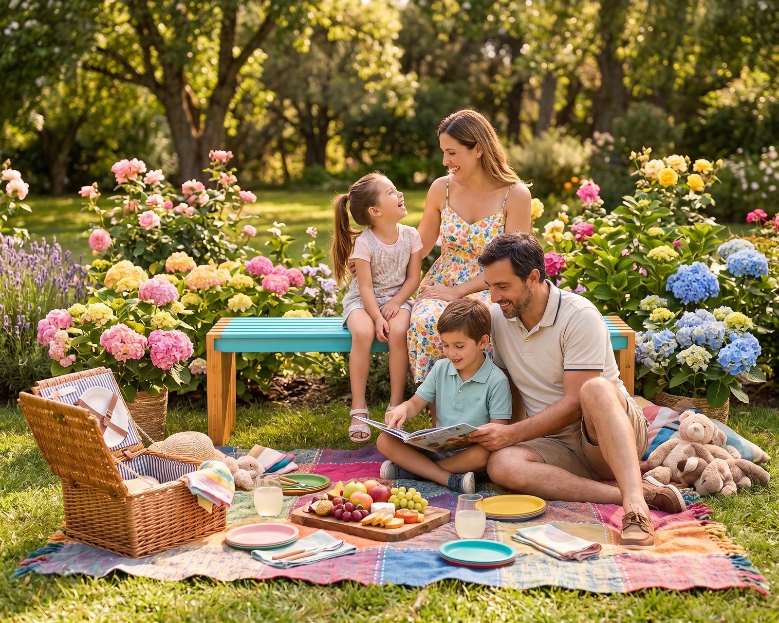 Familia disfrutando una banca calipso en el jardín