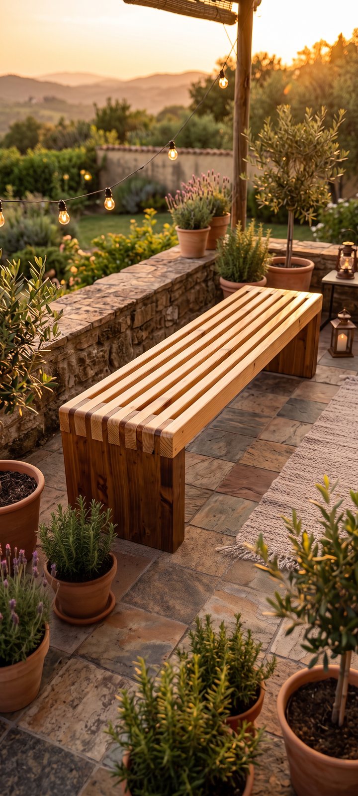 Banca mediterránea premium de madera en una terraza
