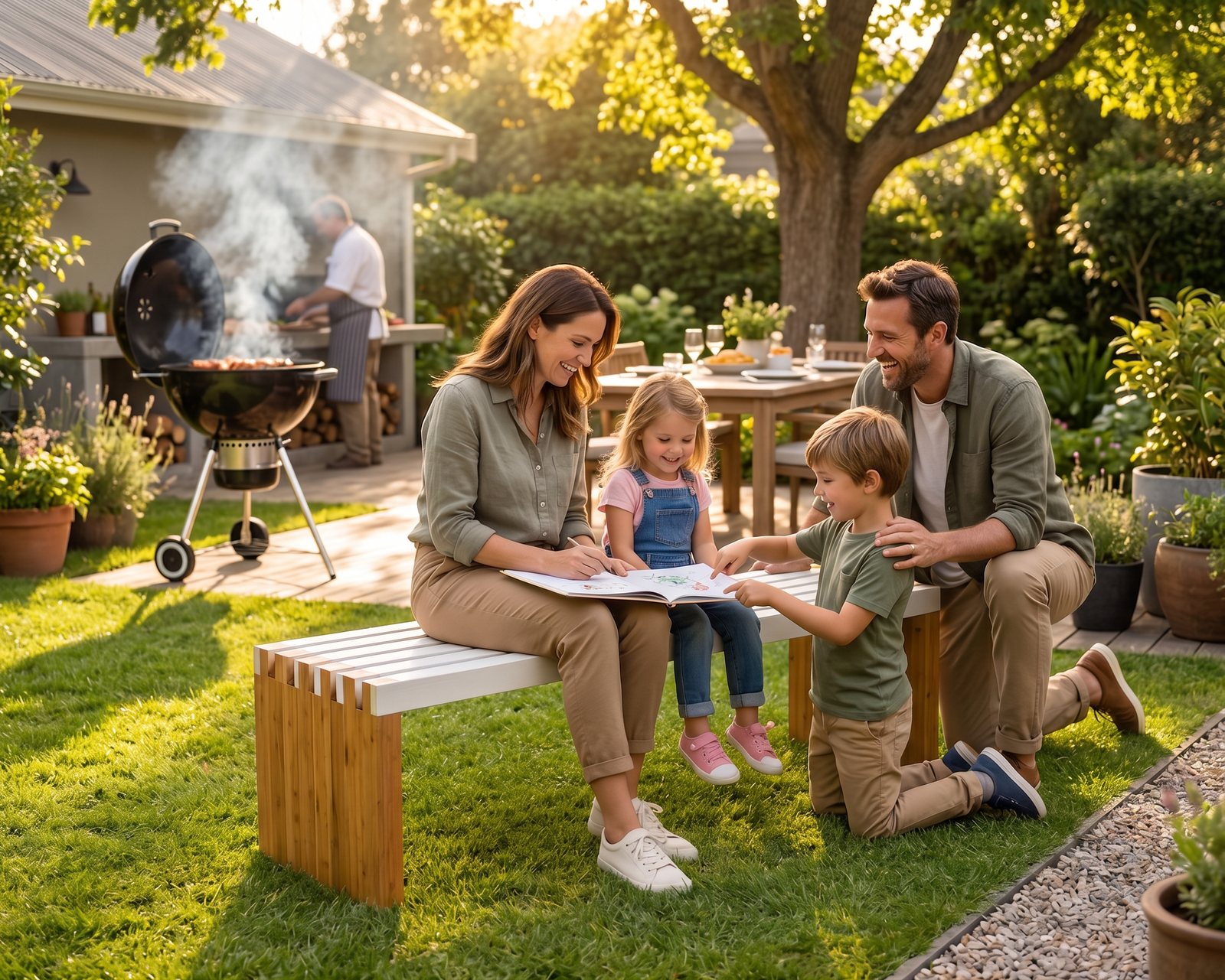 Familia disfrutando una banca de madera en el jardín