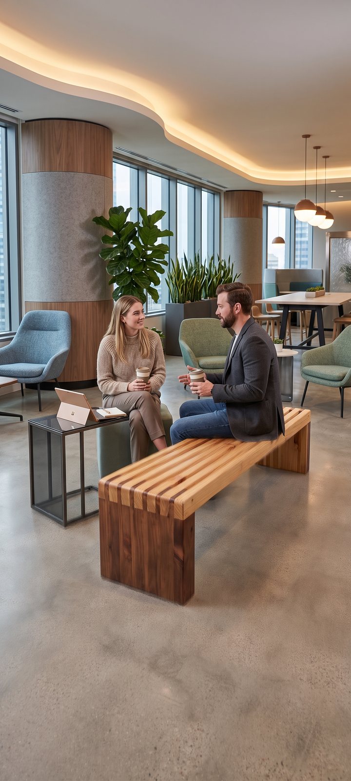 Banca de madera en oficina corporativa