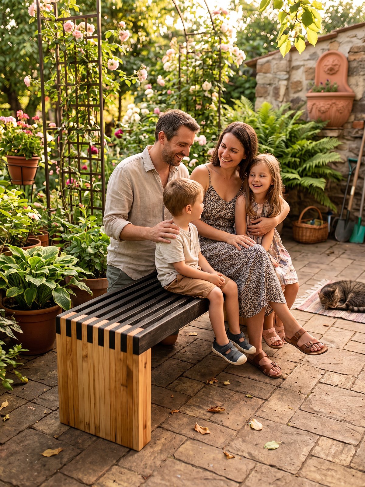 Familia disfrutando una banca de madera Ilonka’s en el patio