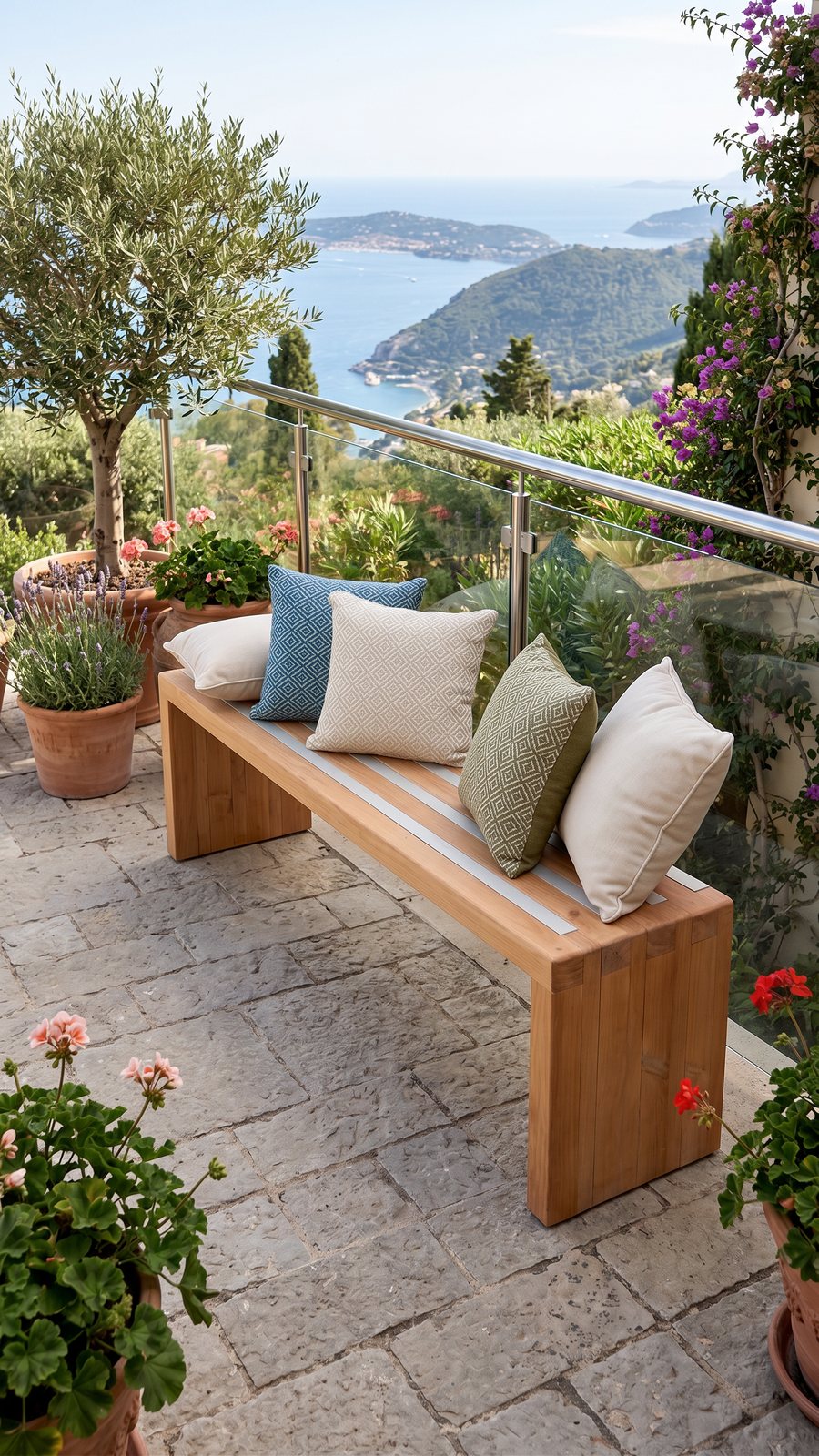 Banca de madera en terraza mediterránea